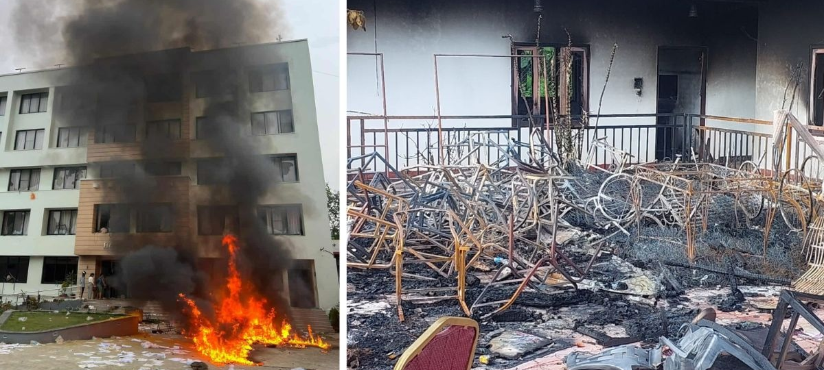 केपी ओली र कृष्णबहादुर महराको नाममा जलाइएका दाङका दुई होटल